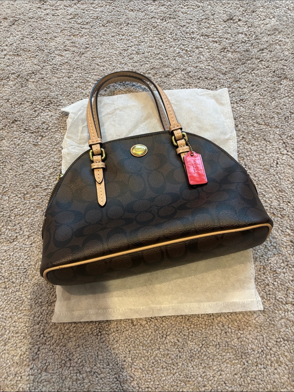 Coach Brown Signature Mini Dome Satchel with Tan Handles and Red Tag